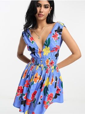 ASOS Blue Floral V-Neck Mini Dress